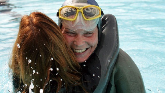 Natalia Molchanova after setting a new World record, holding her breath underwater for 7 minutes and 16 seconds, during the static apnea women final event at the 1st Individual World Freediving Championship in August 2005. Photo: AP